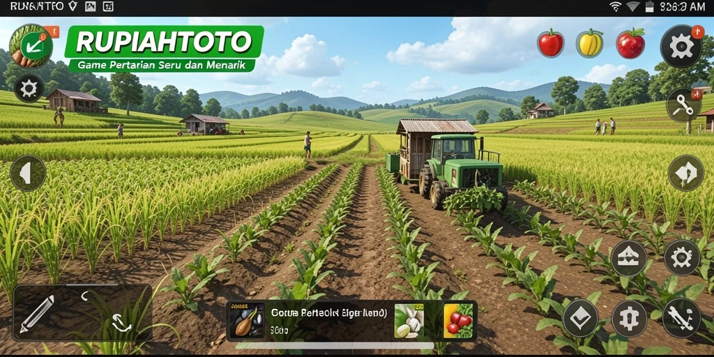 Tampilan gameplay seru dalam RUPIAHTOTO dengan aktivitas bertani.